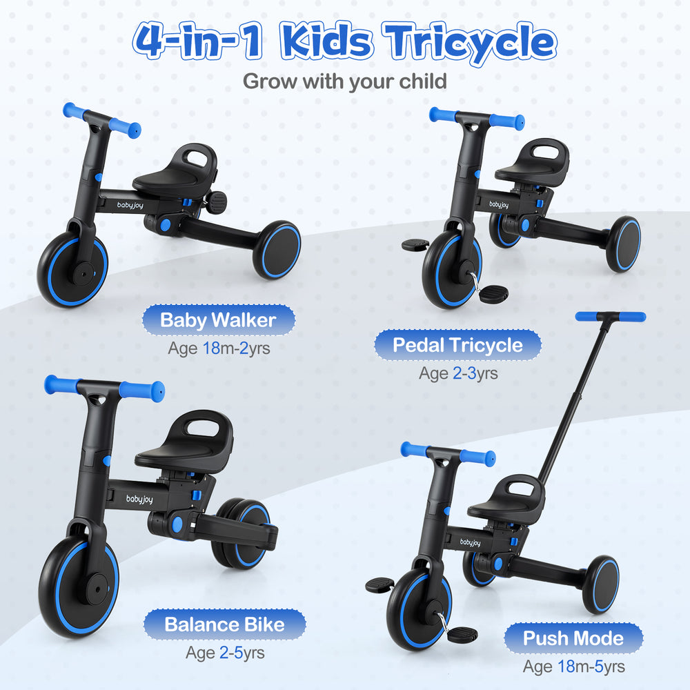 4-in-1 foldable toddler tricycle in navy with adjustable seat, push handle, and EVA foam wheels for versatile riding.
