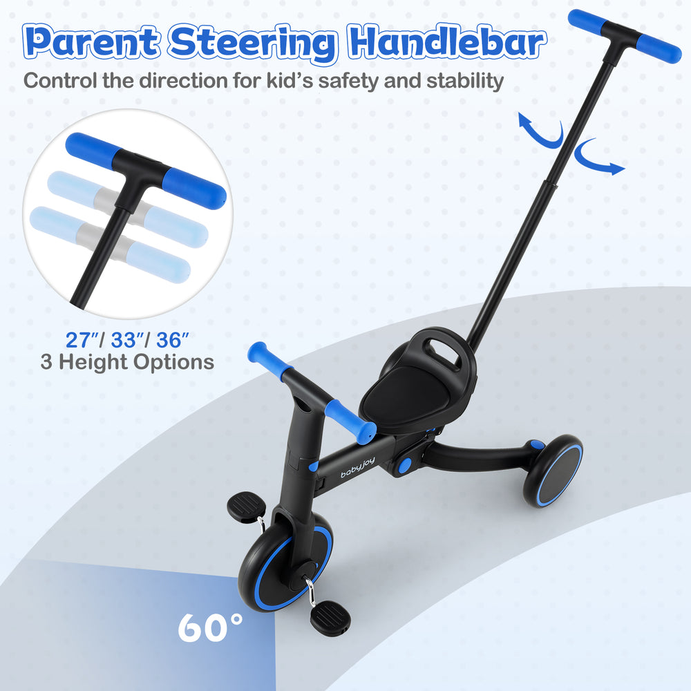Parent steering handlebar of a 4-in-1 foldable toddler tricycle with adjustable height for safety and stability.
