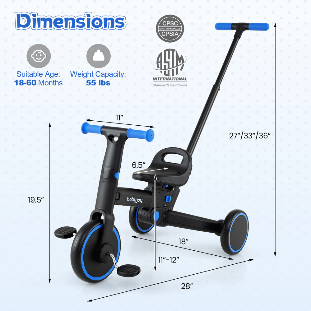 Dimensions of the 4-in-1 foldable toddler tricycle with adjustable seat and push handle, suitable for ages 18-60 months.