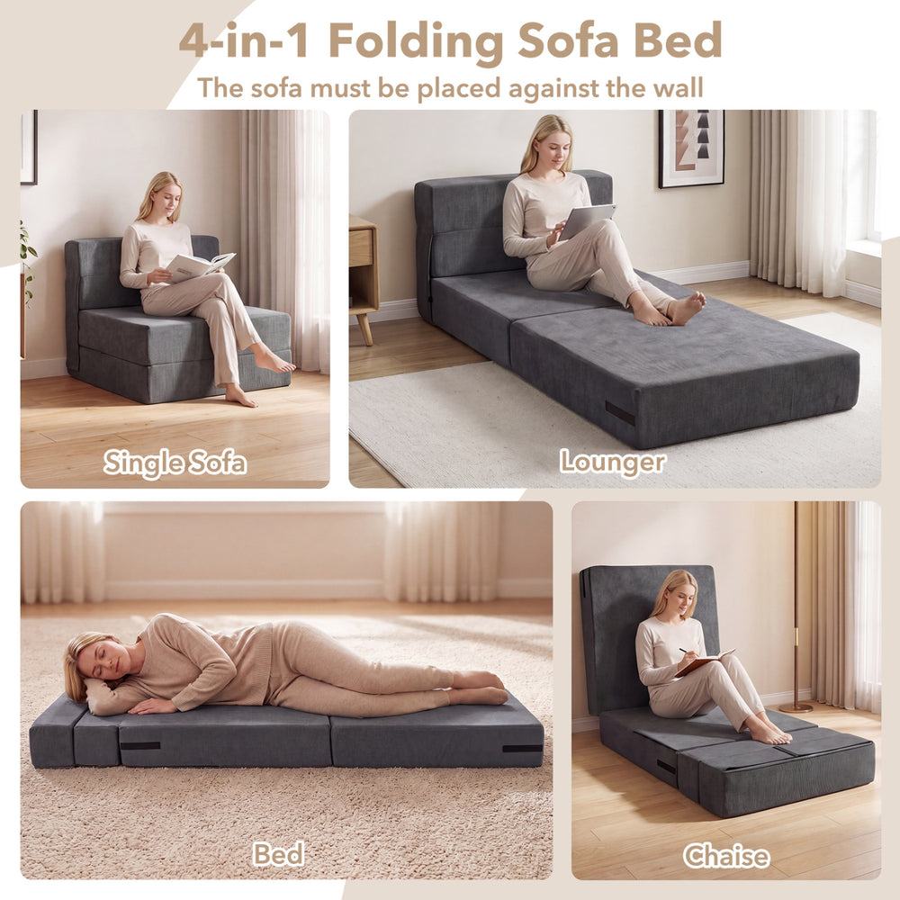 4-in-1 folding sofa bed in gray corduroy, shown as a lounger and bed, perfect for versatile living room use.