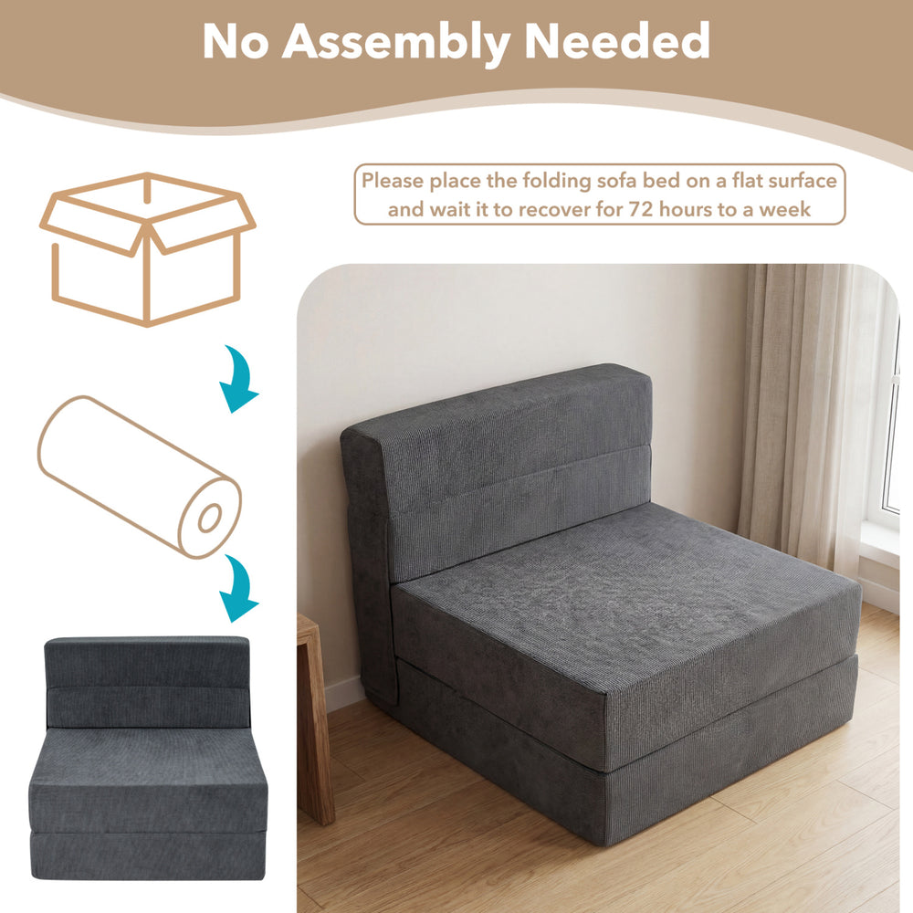 Gray 4-in-1 folding sofa bed with corduroy cover, shown in a compact position for easy storage in the living room.
