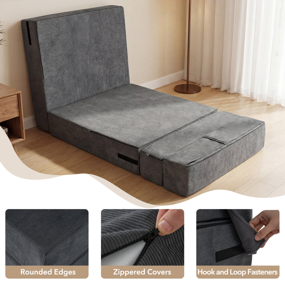 4-in-1 folding sofa bed in gray corduroy with rounded edges and zippered covers, ideal for versatile living room use.