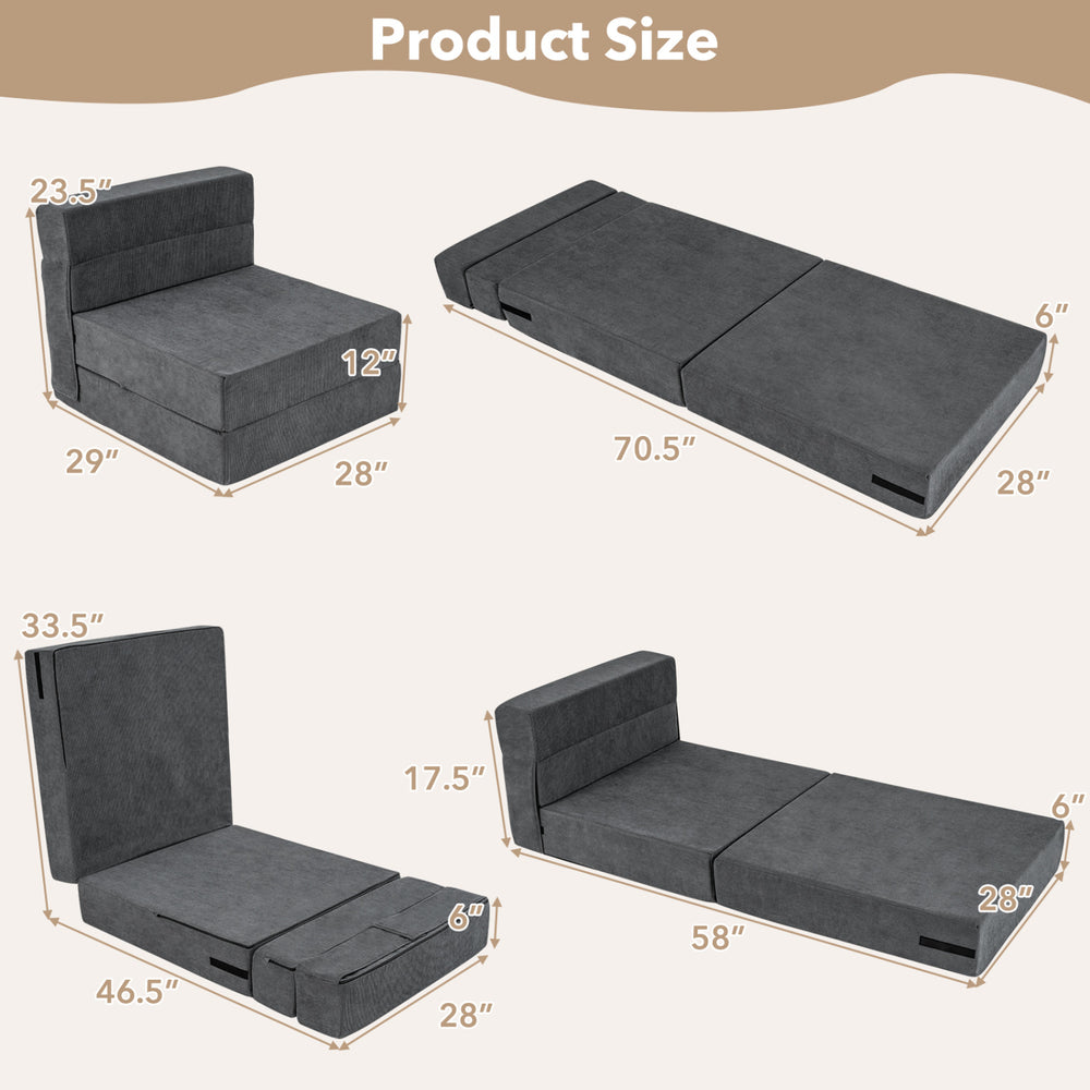 4-in-1 folding sofa bed in gray with corduroy cover, showcasing dimensions for versatile living room use.