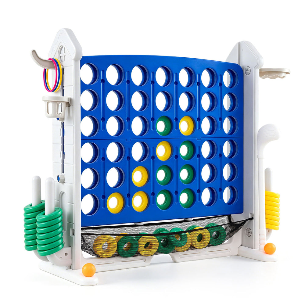 Height adjustable 4-in-1 connect game in blue with mesh net, suitable for indoor and outdoor family fun.