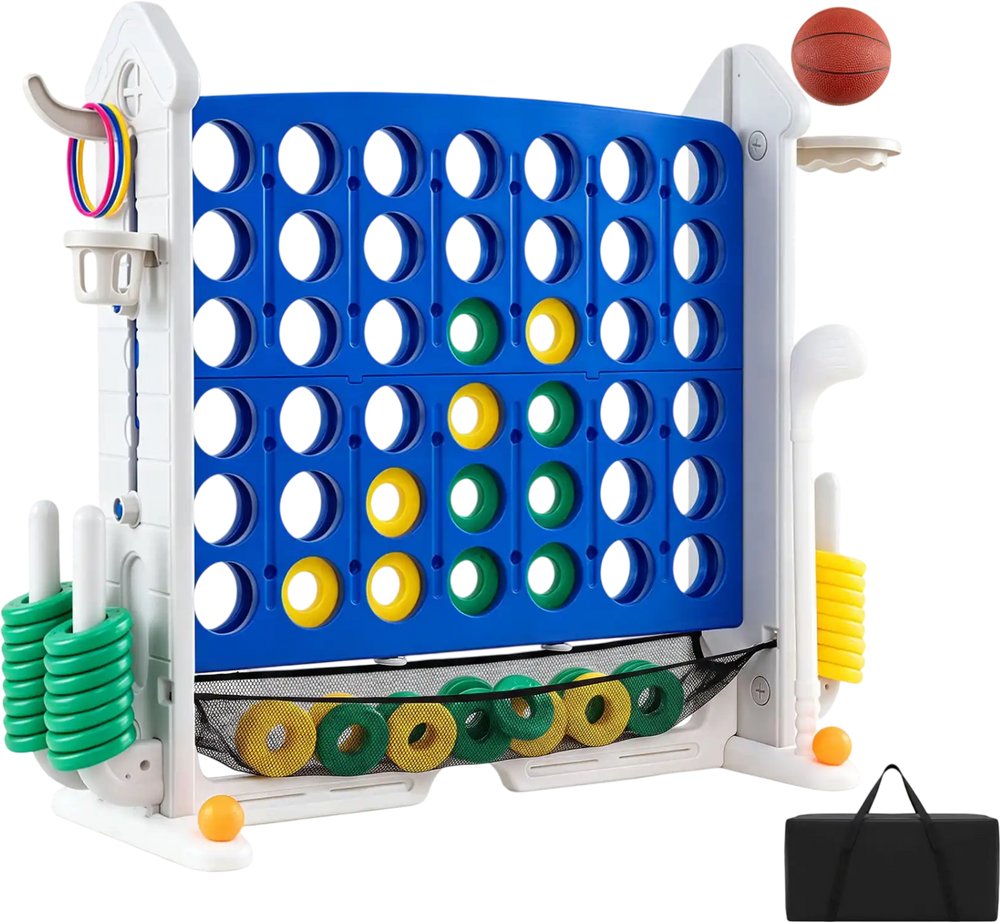 Height adjustable 4-in-1 connect game in blue with mesh net, carrying bag, and multiple game options for all ages.