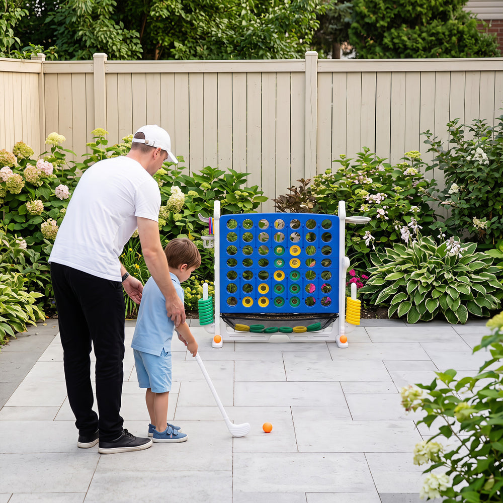 Height adjustable 4-in-1 connect game in blue, featuring a mesh net and portable carry bag for outdoor family fun.