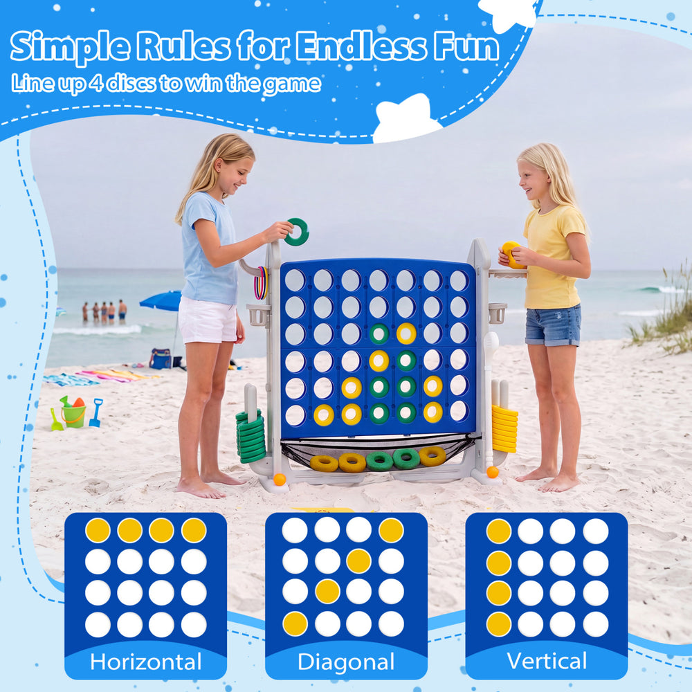 Height adjustable 4-in-1 connect game in blue, featuring a mesh net and carrying bag for easy transport and storage.