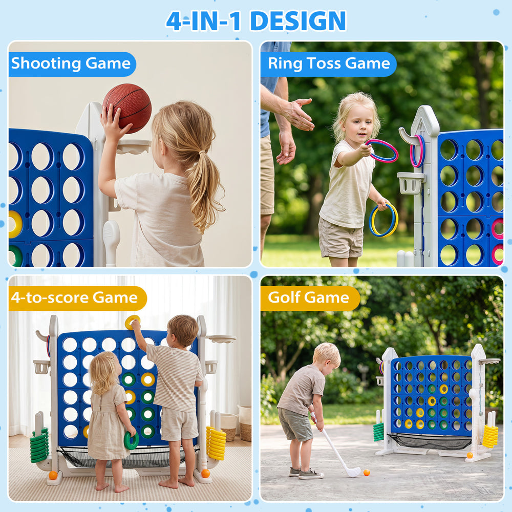 Height adjustable 4-in-1 game set in blue for shooting, ring toss, golf, and scoring, perfect for indoor and outdoor fun.