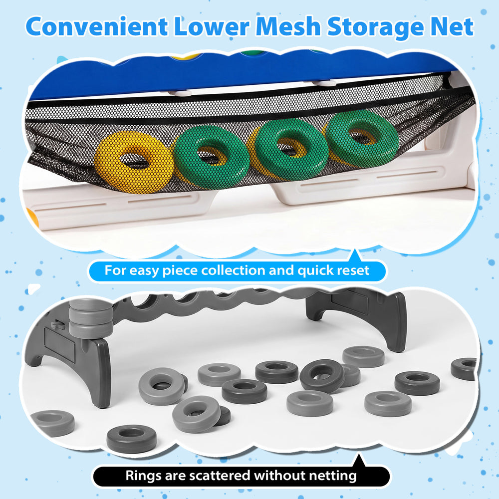 Lower mesh storage net holds rings for the 4-in-1 height adjustable row connect game, ensuring easy collection and quick reset.