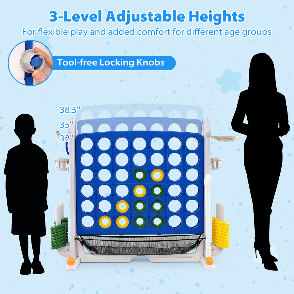 Height adjustable 4-in-1 Row Connect Game in blue with mesh net, designed for indoor and outdoor family fun.