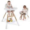 High chair for babies with adjustable tray, wooden legs, and storage basket, perfect for growing toddlers.