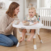 Convertible 4 in 1 high chair for babies with adjustable tray, sturdy wooden legs, and a smiling toddler enjoying a.
