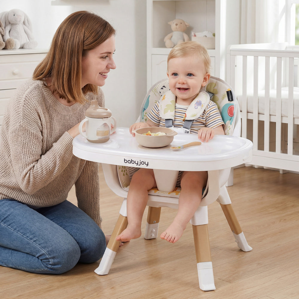 Convertible 4 in 1 high chair for babies with adjustable tray, sturdy wooden legs, and a smiling toddler enjoying a.