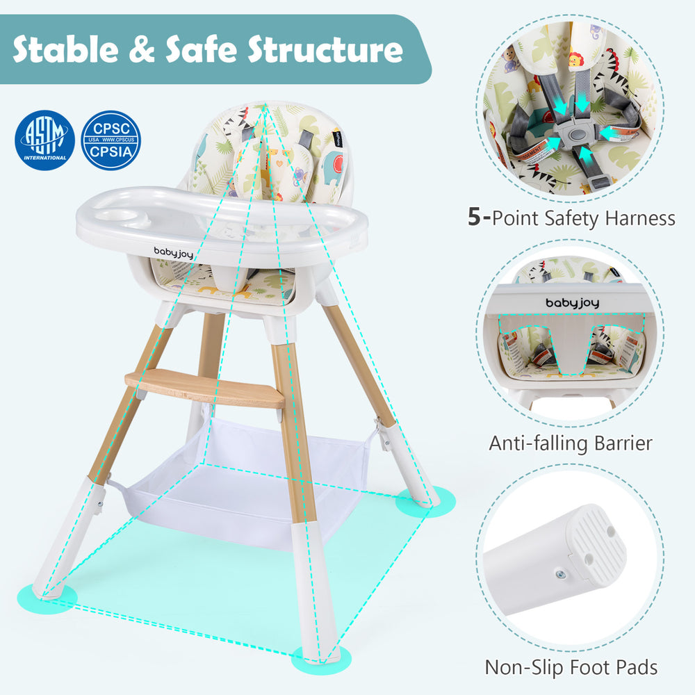4 in 1 high chair for babies with adjustable tray, 5-point harness, and sturdy wooden legs for safety and stability.
