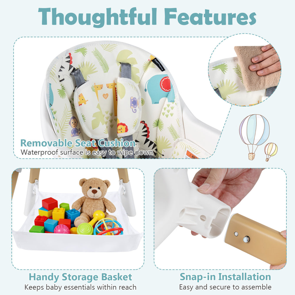 Removable waterproof seat cushion and handy storage basket for the 4 in 1 high chair, ideal for growing babies.