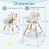 Dimensions of the 4 in 1 High Chair for Babies, featuring adjustable height, sturdy wooden legs, and a storage basket.