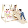 Indoor jungle gym featuring a baby swing, climbing ramp, and ladder, made from solid wood for kids' play and safety.