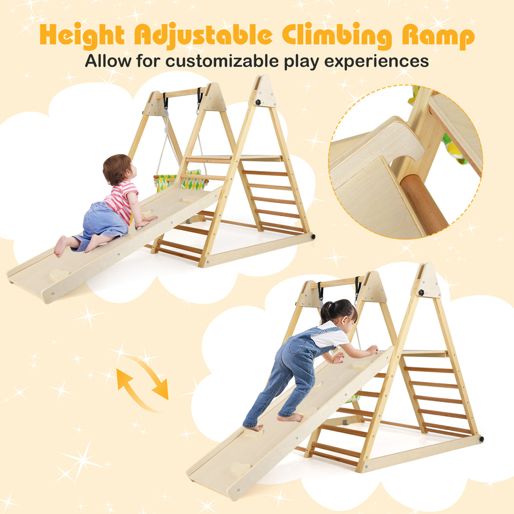 Height adjustable climbing ramp on a 4-in-1 indoor jungle gym, made of solid wood for safe play and versatility.