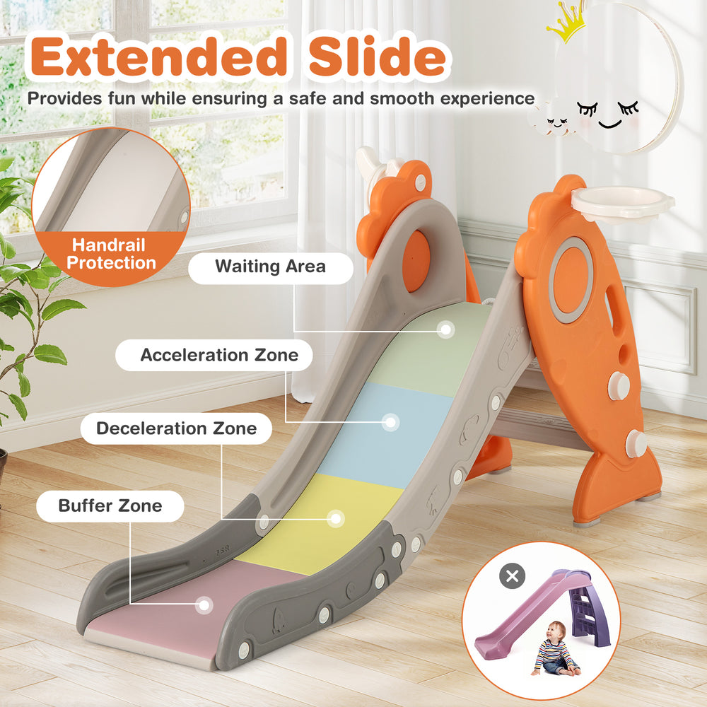Extended slide for kids with handrail protection, featuring acceleration and deceleration zones, ideal for indoor play.