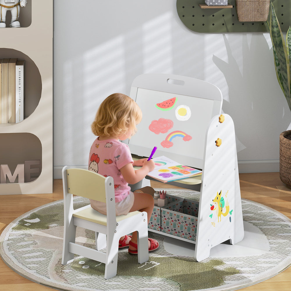 Kids art easel with magnetic whiteboard, featuring a chair and storage bins, perfect for drawing and creative play.
