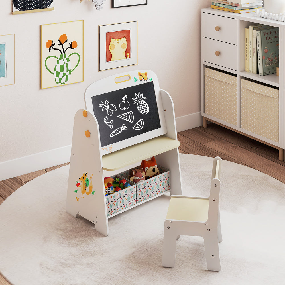 Kids table and chair set featuring a double-sided easel, bookshelf, and fabric bins for creative play and organization.