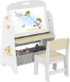 Kids table and chair set with a magnetic whiteboard easel, 2-tier bookshelf, and storage bins for creative play.
