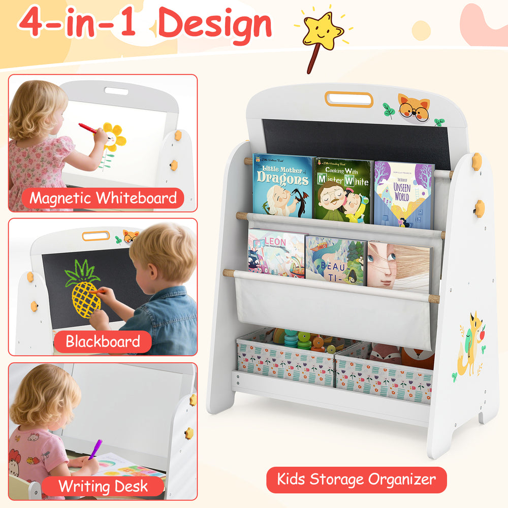 Kids 4-in-1 table and chair set featuring a magnetic whiteboard, blackboard, and bookshelf for versatile play and.