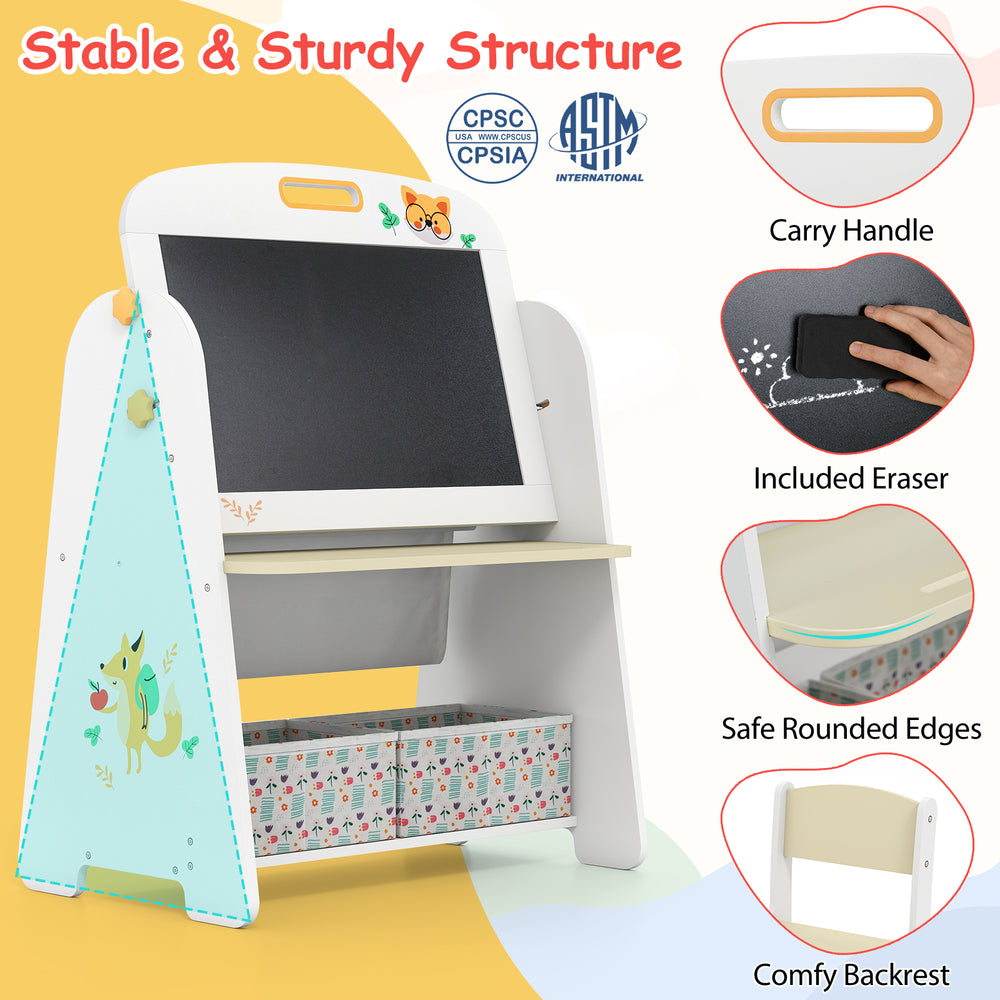 4-in-1 kids table and chair set featuring a double-sided easel, bookshelf, and comfy chair for creative play.