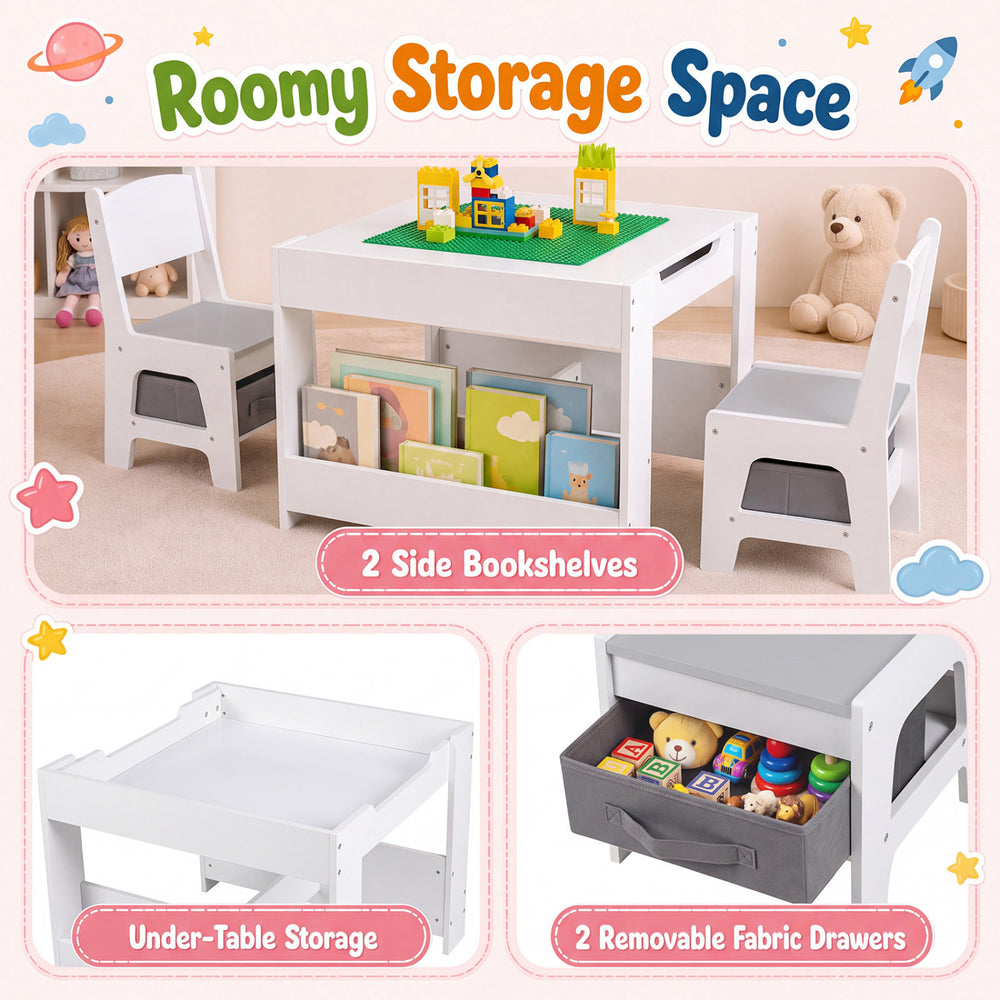 Kids table and chairs set in grey with removable tabletop, 2 bookshelves, and 2 fabric drawers for versatile play and storage.