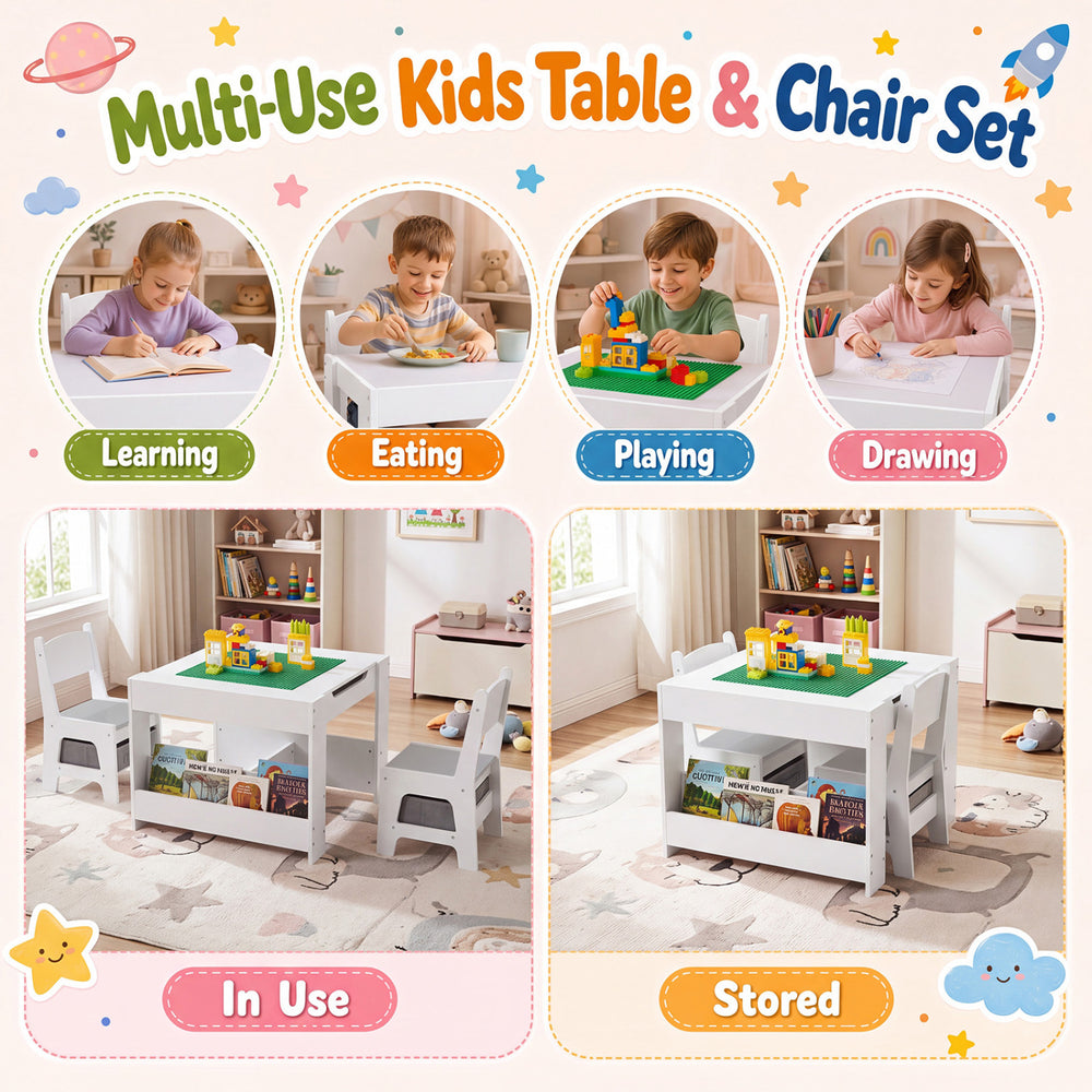 Multi-use kids table and chair set in grey, featuring storage, bookshelves, and a reversible tabletop for versatile play.