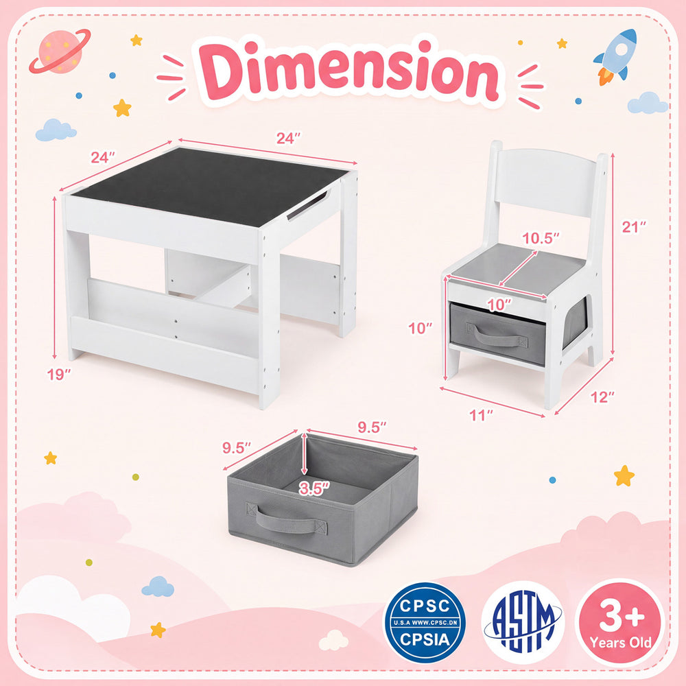 Dimensions of the 4 in 1 kids table and chairs set featuring a reversible tabletop, storage drawers, and bookshelves.
