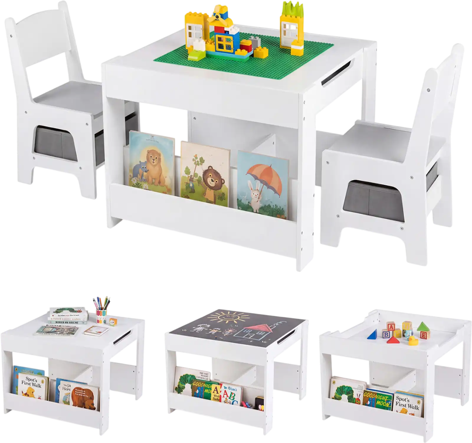 Costway 4-in-1 Kids Table and Chairs Building Blocks Bookshelves 78106923 New