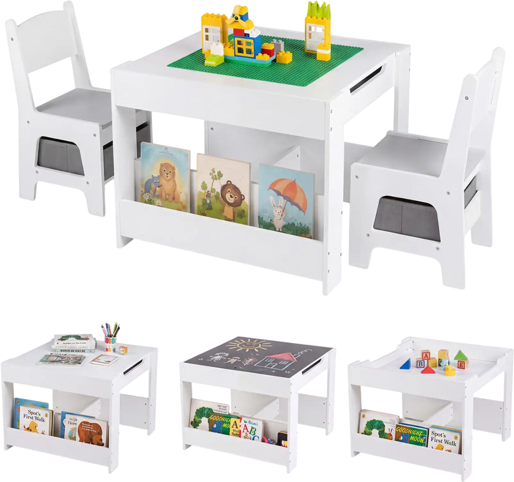 Kids' 4 in 1 table and chairs set in grey with removable tabletop, storage space, and two bookshelves for versatile play.