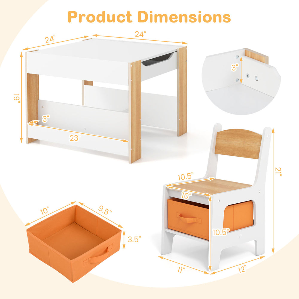 Kids toddler activity table and chairs set with storage boxes, ergonomic design, and rounded corners for safety.