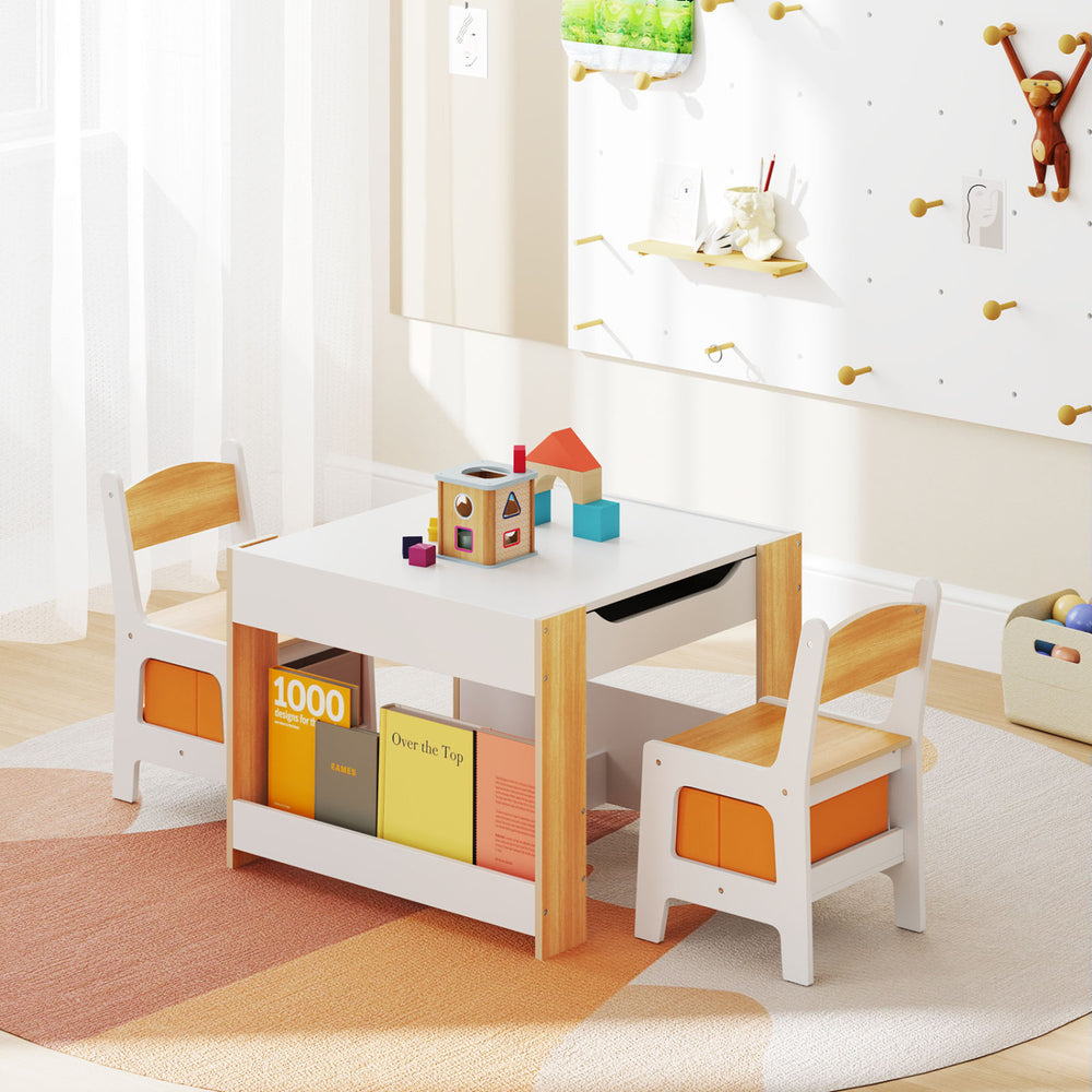 4 in 1 Kids Toddler Activity Table and Chairs Set with Reversible Tabletop-Natural - Gallery View 1 of 11