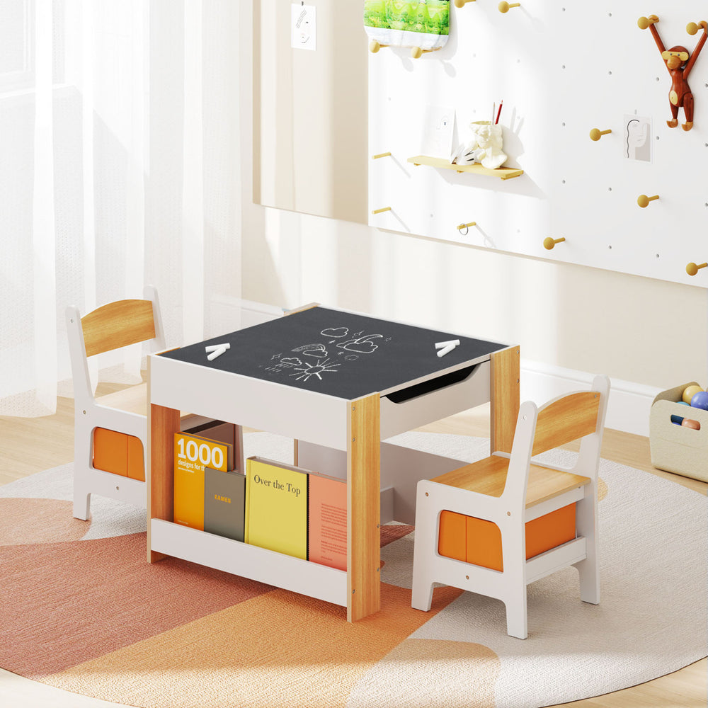 Kids activity table and chairs set with reversible tabletop, storage boxes, and ergonomic design for learning and play.