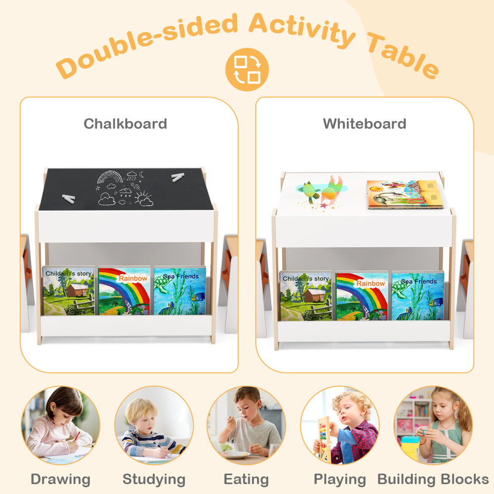 Double-sided kids activity table featuring a chalkboard and whiteboard, designed for drawing, studying, and playing.