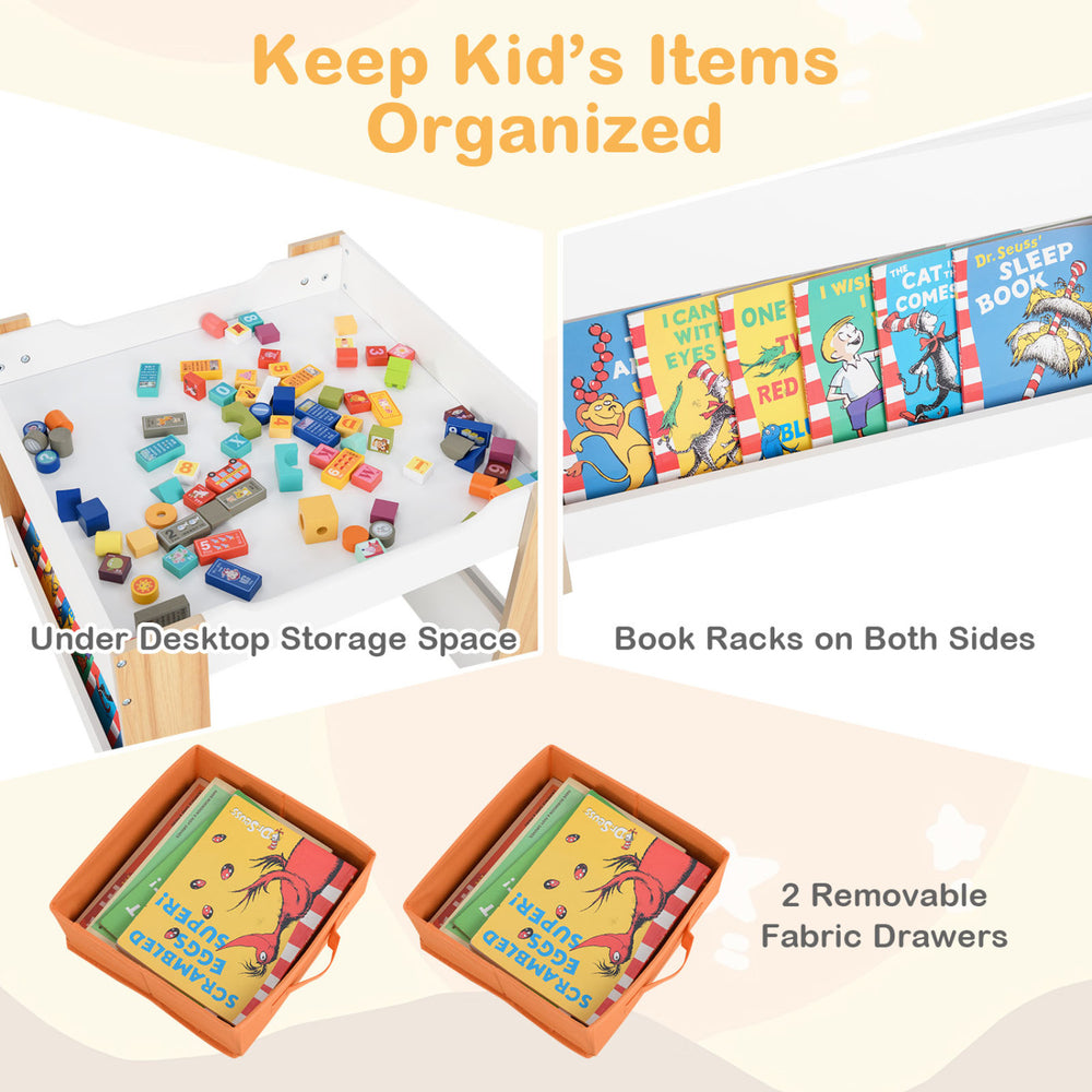 Kids activity table set featuring a reversible tabletop, storage boxes, and book racks for organized play and learning.