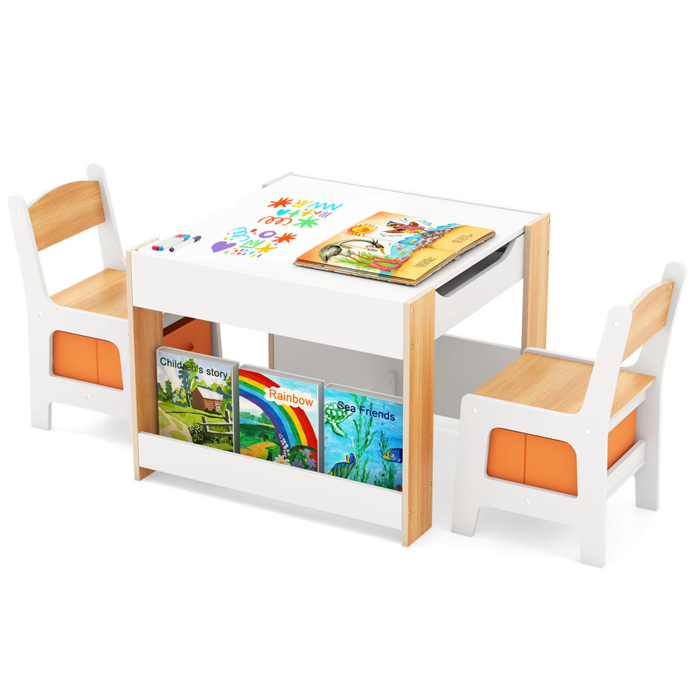 4 in 1 kids toddler activity table and chairs set featuring a spacious under-desk storage area for books and toys.