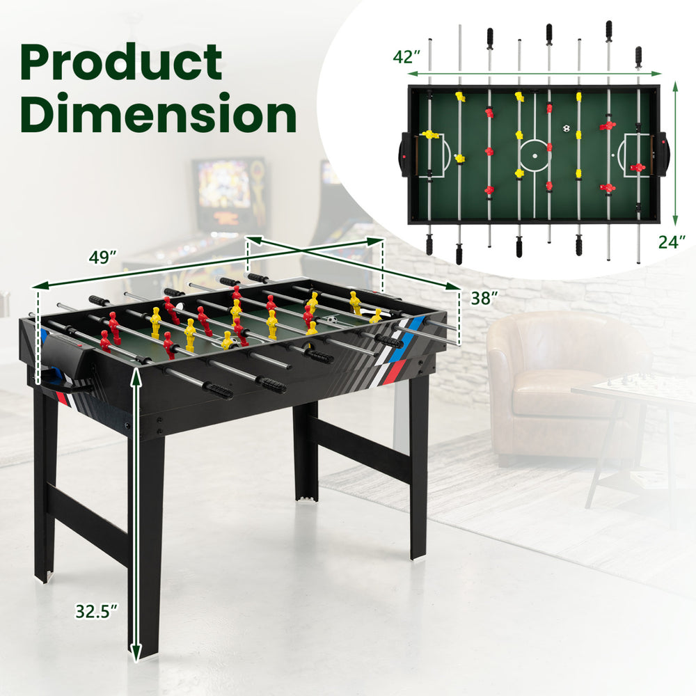 4-in-1 Multi Game Table with dimensions 49" x 24" x 32.5", perfect for foosball, billiards, and table tennis fun.