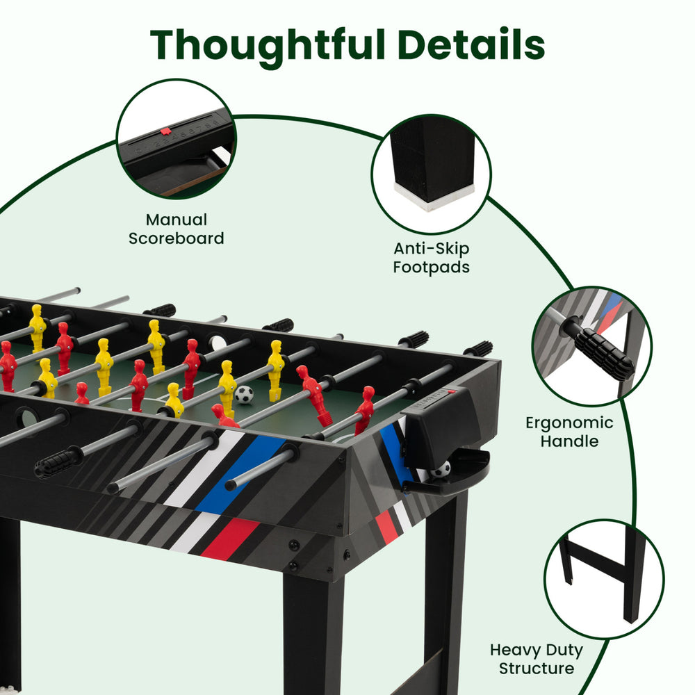 Close-up of the 4-in-1 multi game table featuring ergonomic handle, manual scoreboard, and anti-skip footpads for stability.