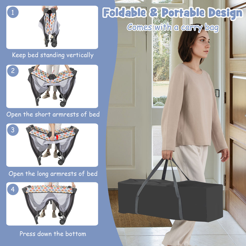 4 in 1 Portable Baby Nursery Center in multicolor, featuring a foldable design and carry bag for easy travel and.
