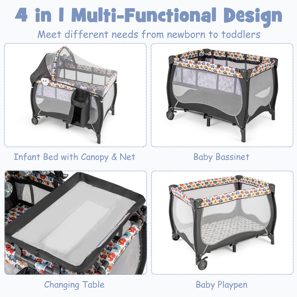 Portable 4 in 1 baby nursery center in multicolor with changing table, net, and music box for versatile infant care.