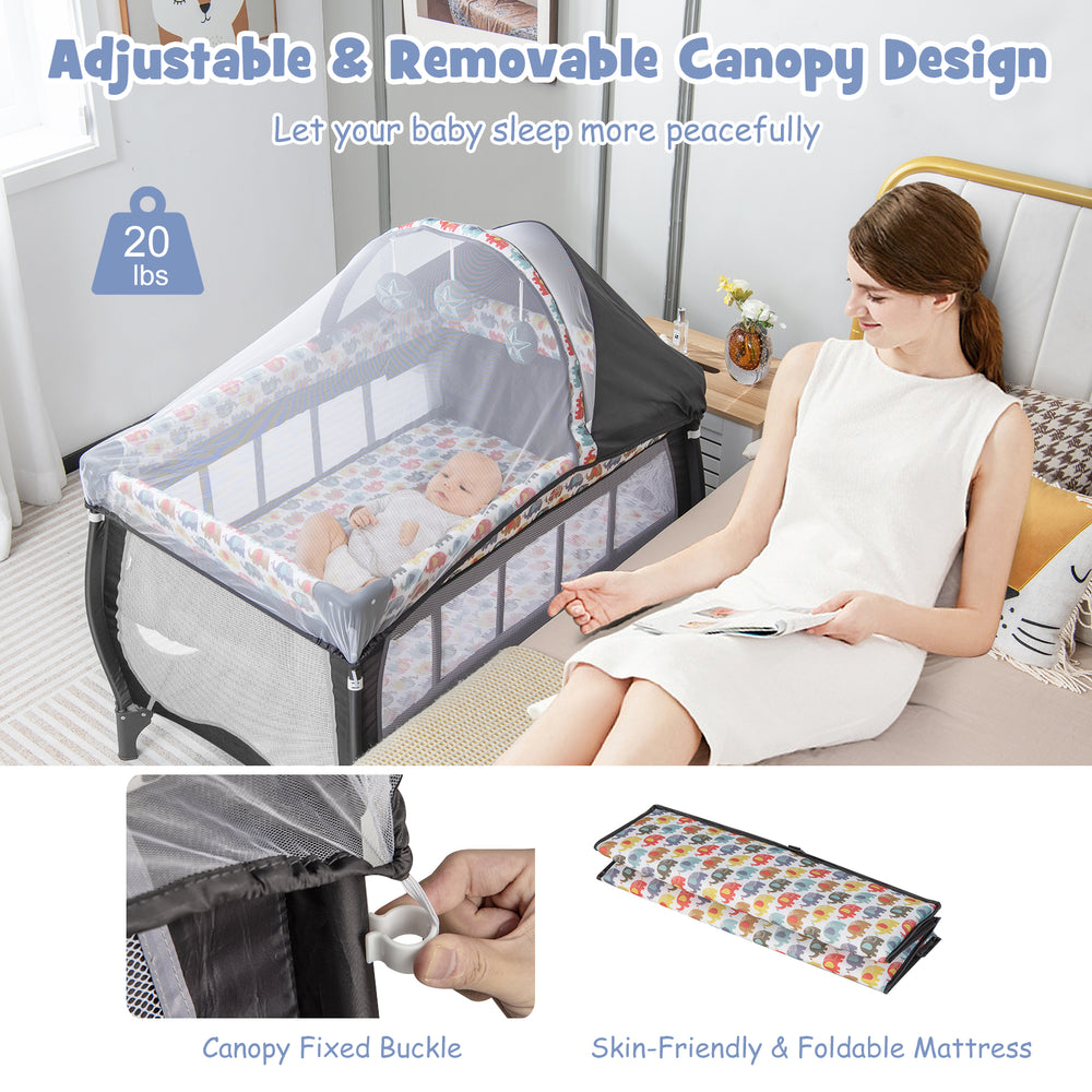 Portable baby nursery center with adjustable canopy, removable changing table, and music box for infants and toddlers.
