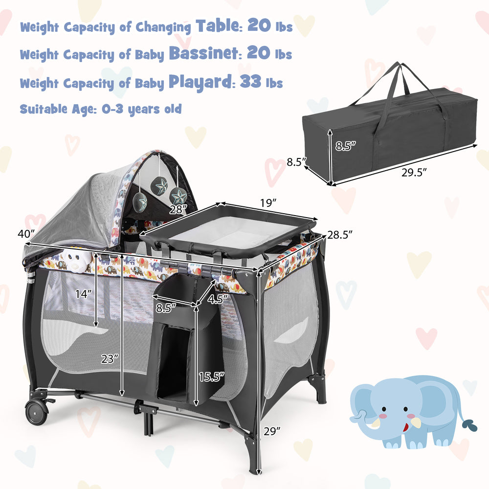 Portable baby nursery center with changing table, bassinet, and playard; multicolor design for infants and toddlers.