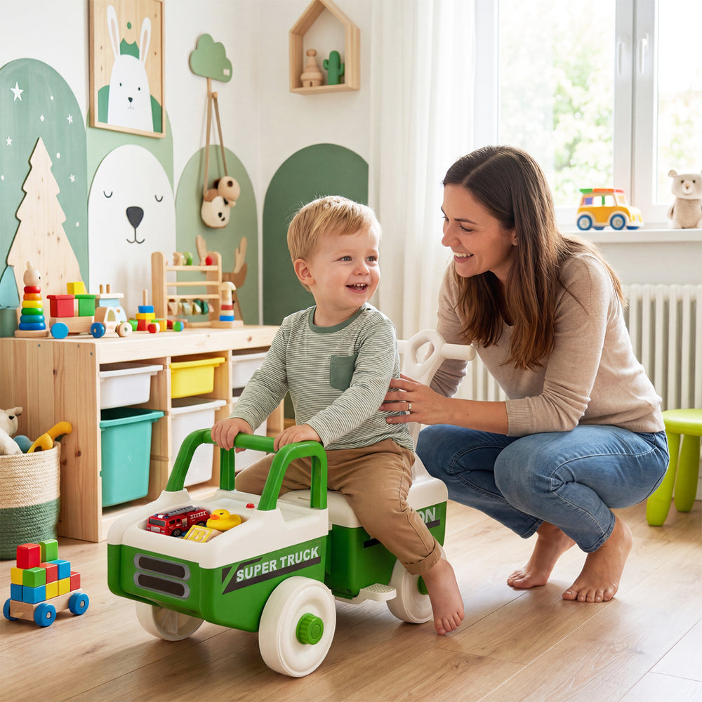 Green 4-in-1 ride-on push car with music and under-seat storage, designed for stability and fun for kids aged 1.5-5.