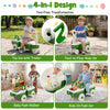 4-in-1 green ride-on push car with music, under-seat storage, and trailer for boys and girls aged 1.5-5 years.