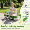 4-in-1 green ride-on push car with supportive backrest, anti-slip footrests, and under-seat storage for kids.
