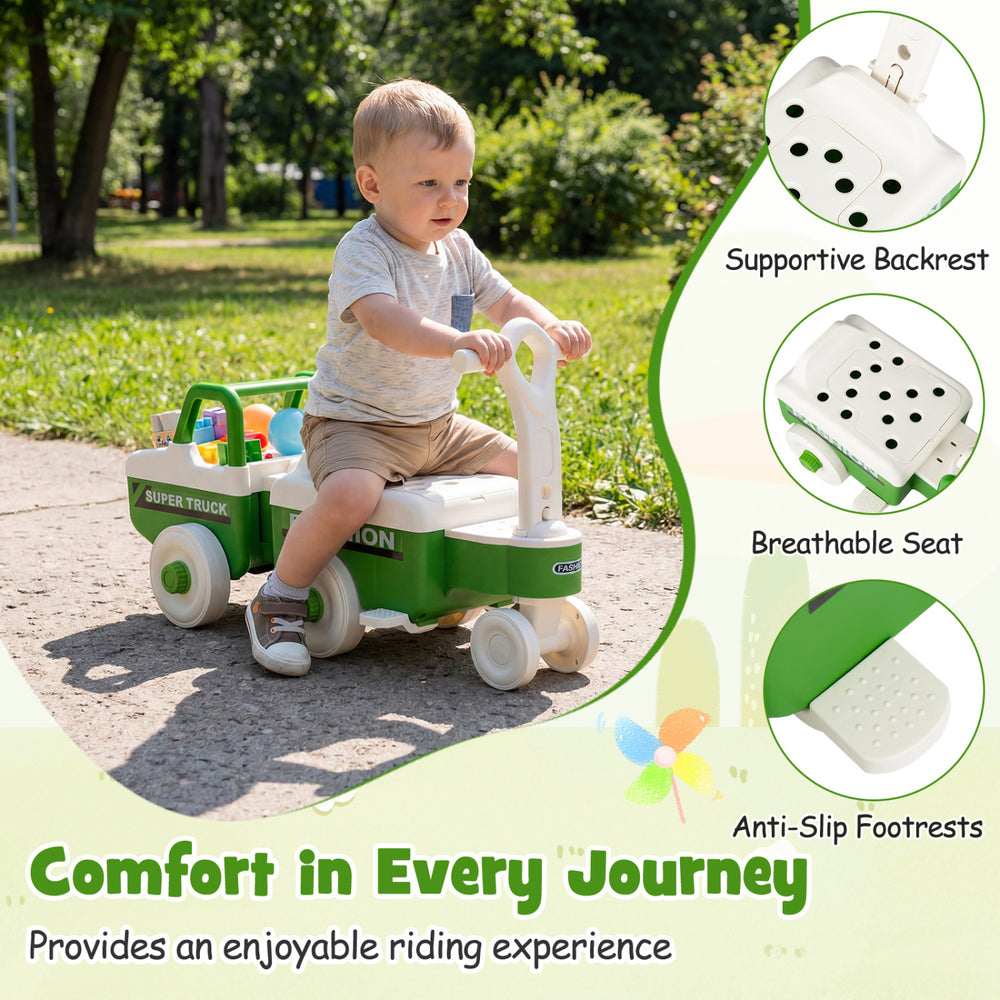 4-in-1 green ride-on push car with supportive backrest, anti-slip footrests, and under-seat storage for kids.