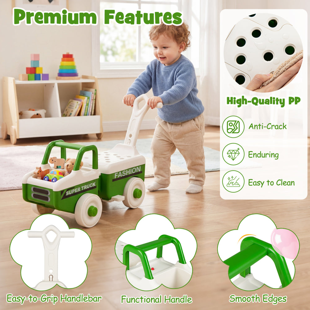 Green 4-in-1 ride-on push car with music, under-seat storage, and easy-to-grip handle for kids aged 1.5-5 years.